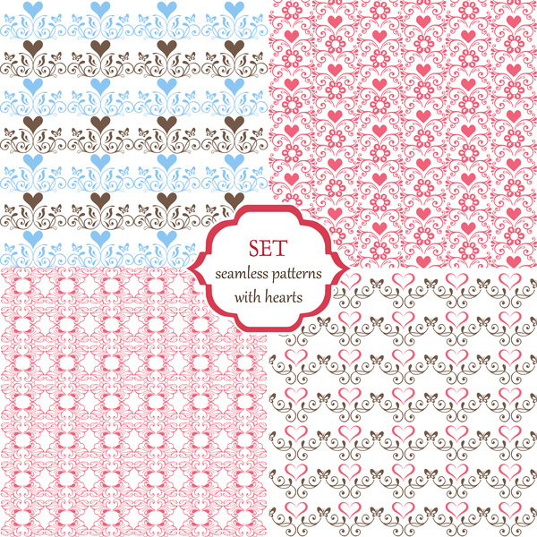 Seamless patterns with hearts and butterflies vectors material