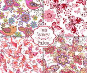 Set of floral seamless pink patterns with birds with butterflies and hearts vector