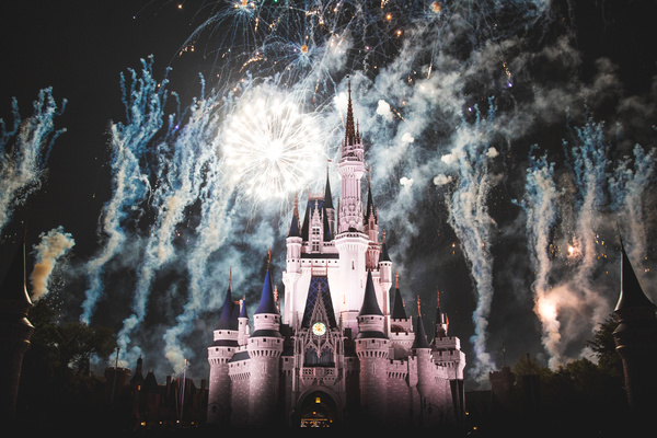Sparkling fireworks above castle Stock Photo