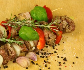 Spices and tasty skewers Stock Photo