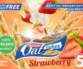 Strawberry with oat flakes and milk splash advertising flyer vector 01