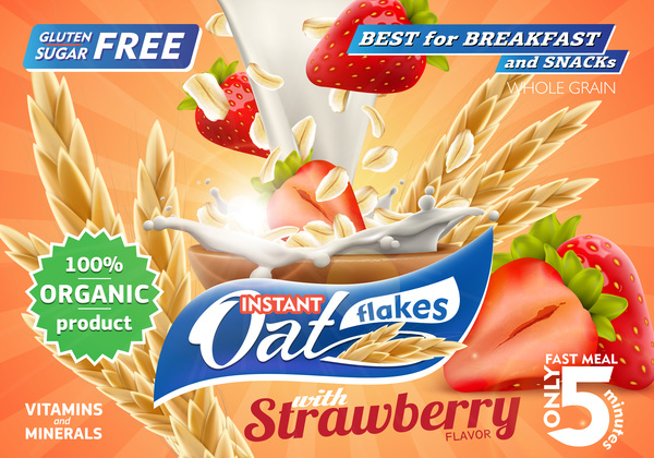 Strawberry with oat flakes and milk splash advertising flyer vector 01