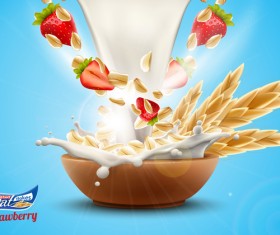Strawberry with oat flakes and milk splash advertising flyer vector 02
