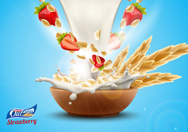 Strawberry with oat flakes and milk splash advertising flyer vector 02