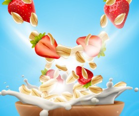 Strawberry with oat flakes and milk splash advertising flyer vector 03
