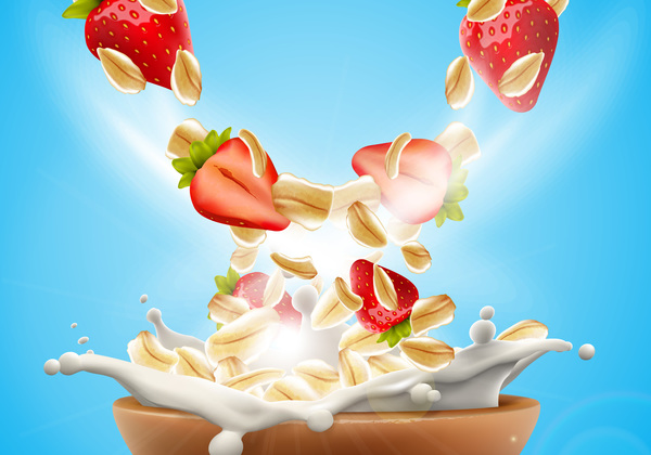 Strawberry with oat flakes and milk splash advertising flyer vector 03