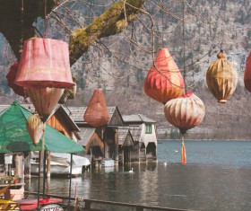 Traditional lanterns on calm river villages Stock Photo