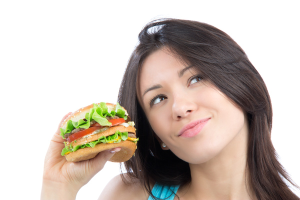 Woman eating hamburger Stock Photo 02
