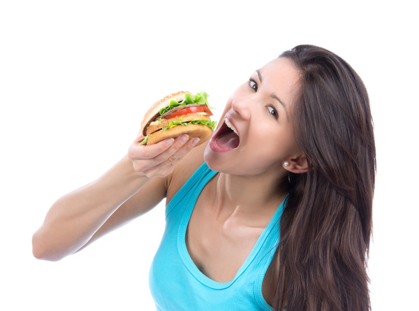 Woman eating hamburger Stock Photo 04