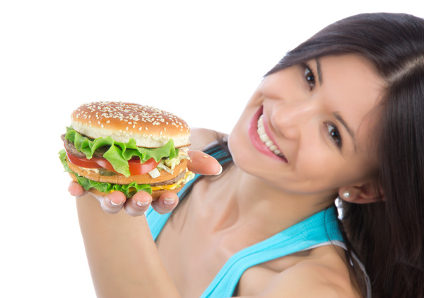 Woman eating hamburger Stock Photo 05