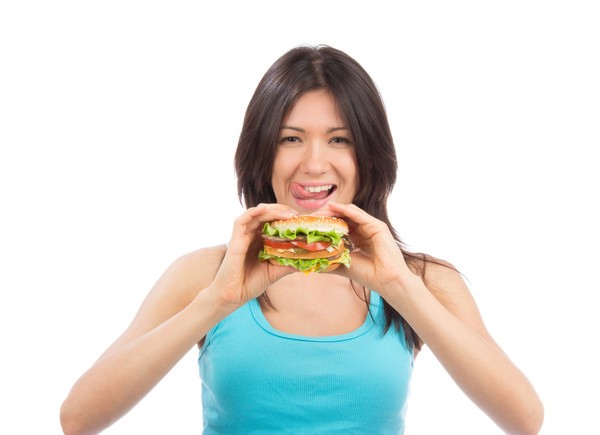 Woman eating hamburger Stock Photo 06