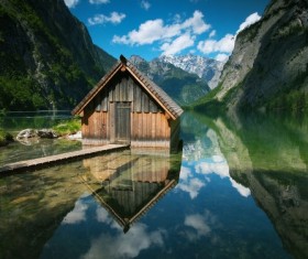 Wooden houses lakes mountains Stock Photo