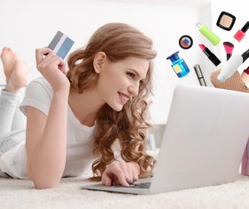 Young woman shopping online at home Stock Photo 18