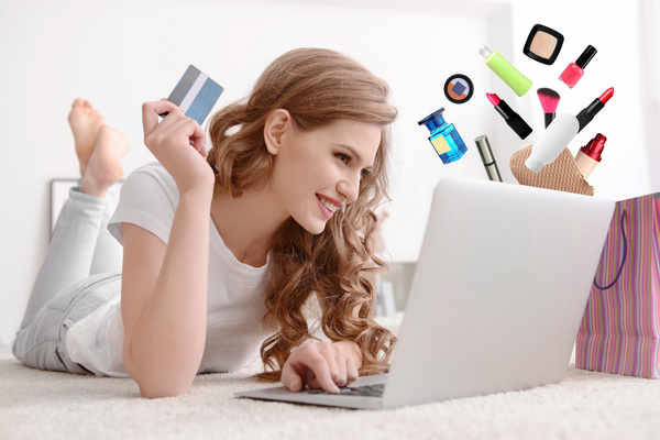 Young woman shopping online at home Stock Photo 18