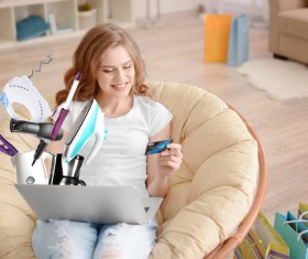 Young woman shopping online at home Stock Photo 20