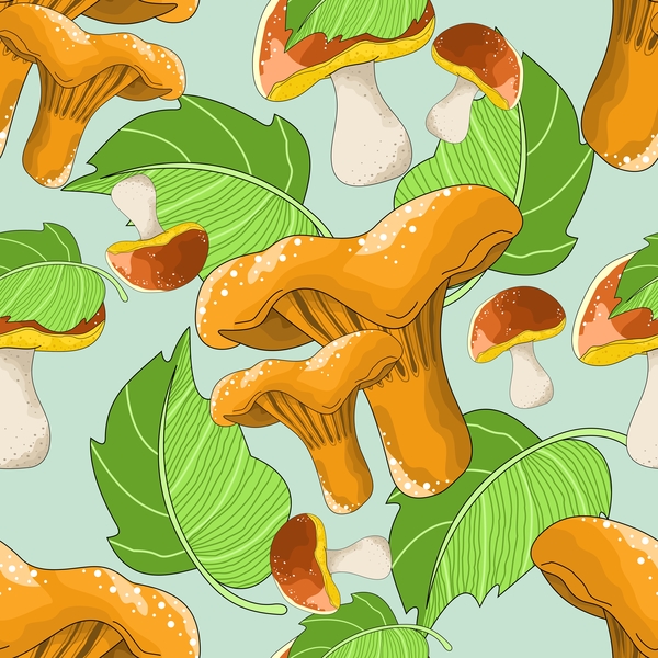 mushroom with green leaves seamless pattern vector