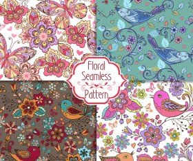 set of colorful seamless patterns with birds and butterflies flowers vector