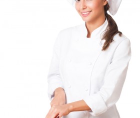 woman chef who cuts tomatoes Stock Photo