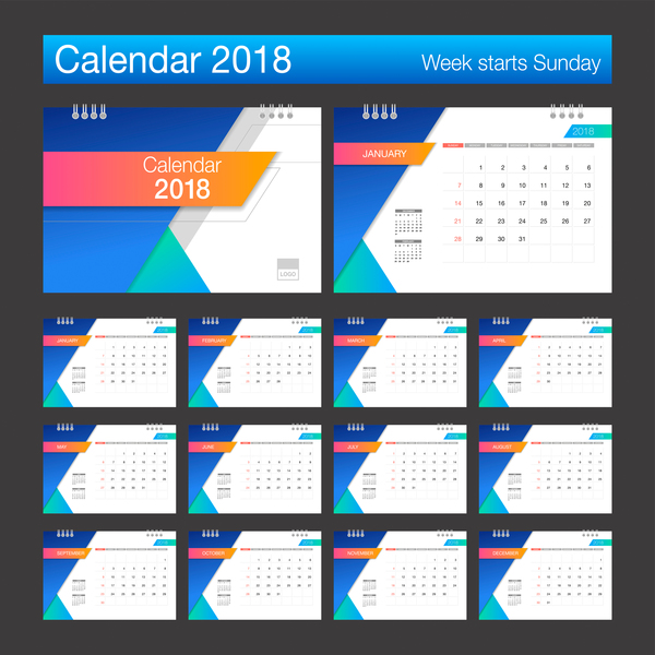 2018 calendar blue with white template vector 01