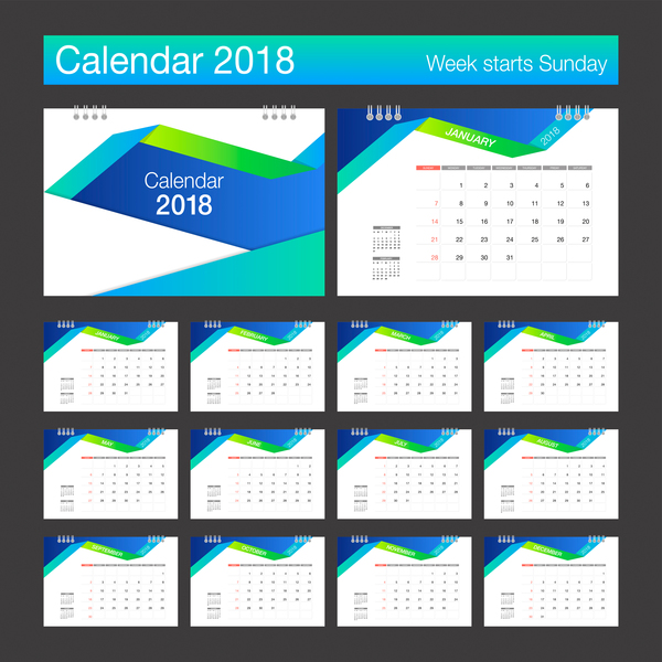 2018 calendar blue with white template vector 02