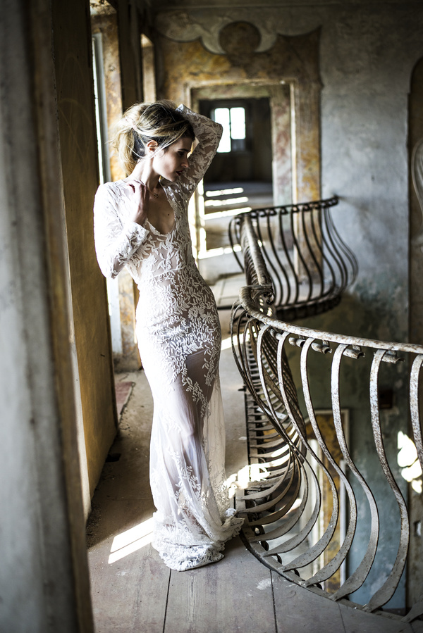 Attractive model with elegant white dress Stock Photo
