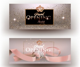 Beige grand opening party invitation cards with sparkling dust and ribbon vector