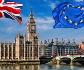 Big Ben with the British flag and the EU flag Stock Photo