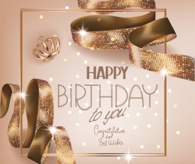 Birhtday greeting card with gold curly ribbon vector