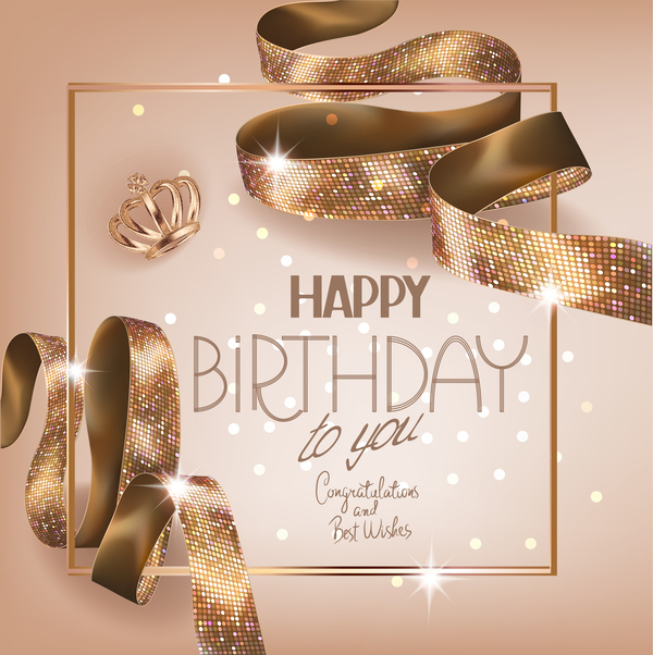 Birhtday greeting card with gold curly ribbon vector