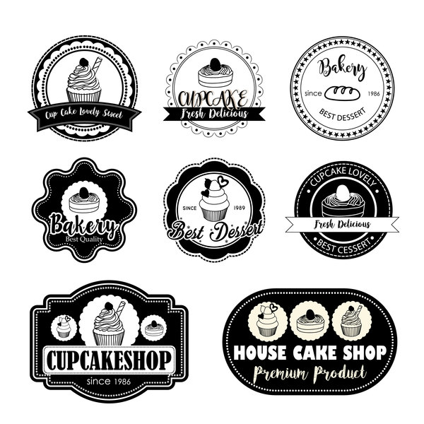 Black cup cake labels with badge vector