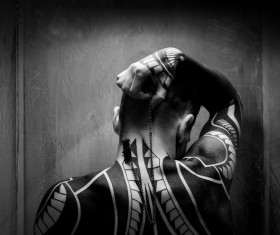 Black white picture of man with beautiful tattoo Stock Photo