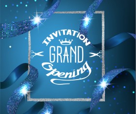 Blue grand opening invitation card with blue ribbons with pattern and silver frame vector