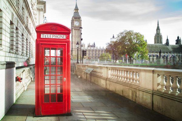 British public telephone booth with Big Ben Stock Photo
