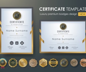 Certificate template with luxury premium badges design vector 01