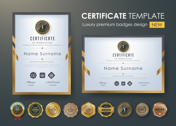 Certificate template with luxury premium badges design vector 01