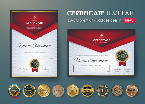 Certificate template with luxury premium badges design vector 02