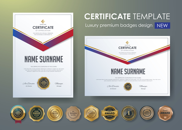 Certificate template with luxury premium badges design vector 03