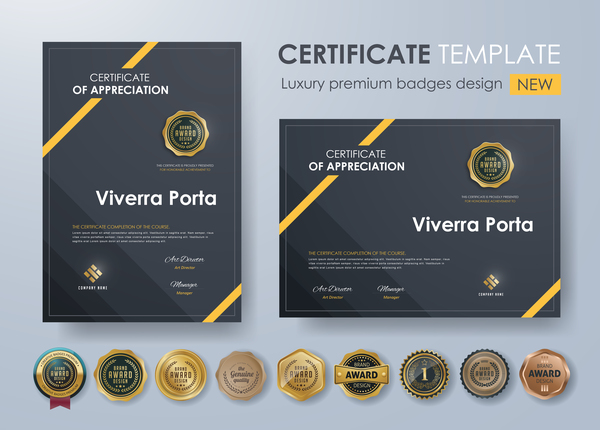 Certificate template with luxury premium badges design vector 04