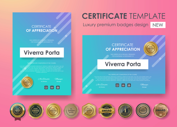 Certificate template with luxury premium badges design vector 05