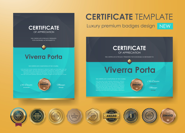 Certificate template with luxury premium badges design vector 06