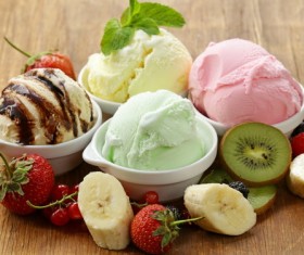 Colored balls of ice cream with fruit Stock Photo