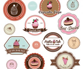 Cup cake badge with labels retro vector 01