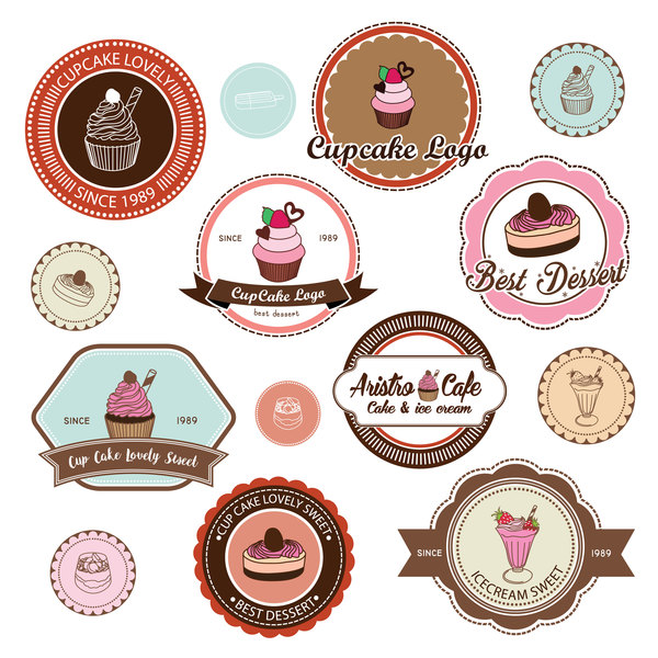 Cup cake badge with labels retro vector 01