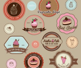 Cup cake badge with labels retro vector 02