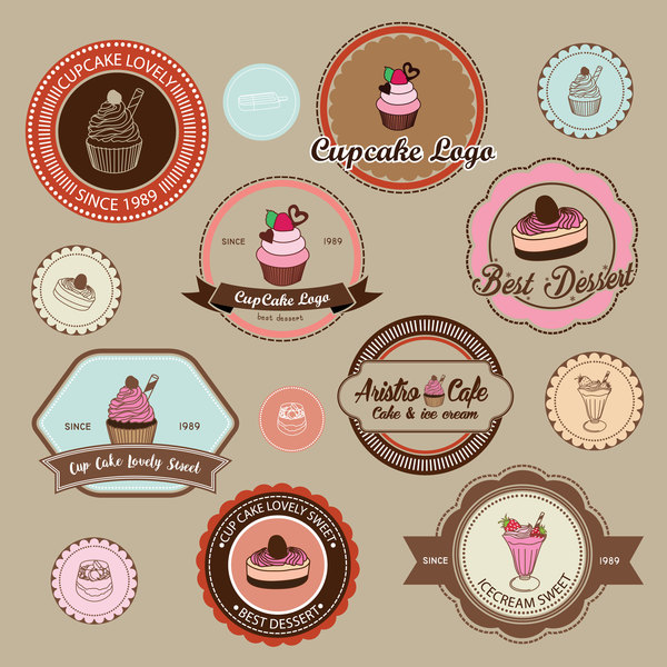 Cup cake badge with labels retro vector 02
