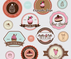 Cup cake badge with labels retro vector 03