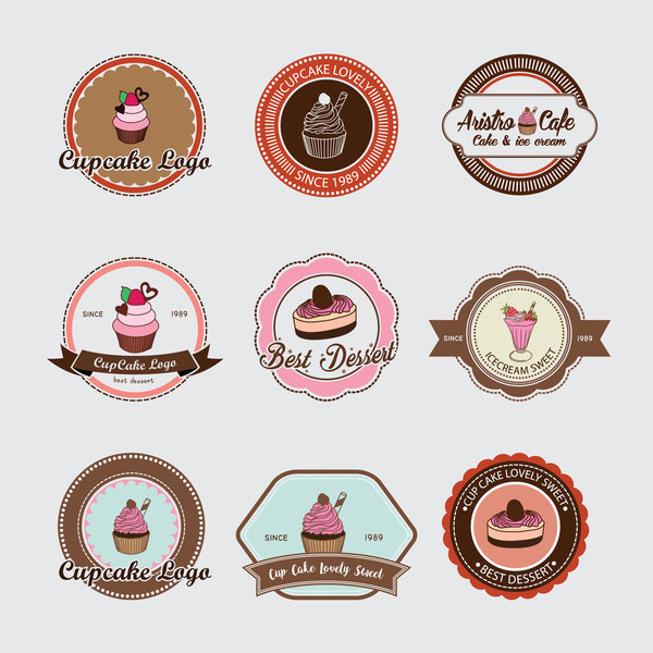 Cup cake badge with labels retro vector 06