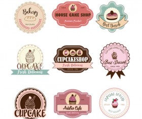 Cup cake badge with labels retro vector 07