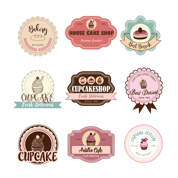 Cup cake badge with labels retro vector 07