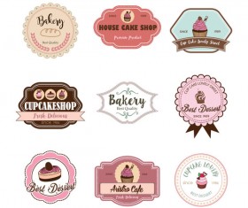 Cup cake badge with labels retro vector 08